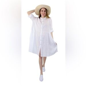 Linen Crush Shirt Dress/Duster NWOT White Linen Mandarin Collar Knee Length OS